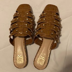 Vince Camuto Lendinna brown square toe croc mule with gold studs